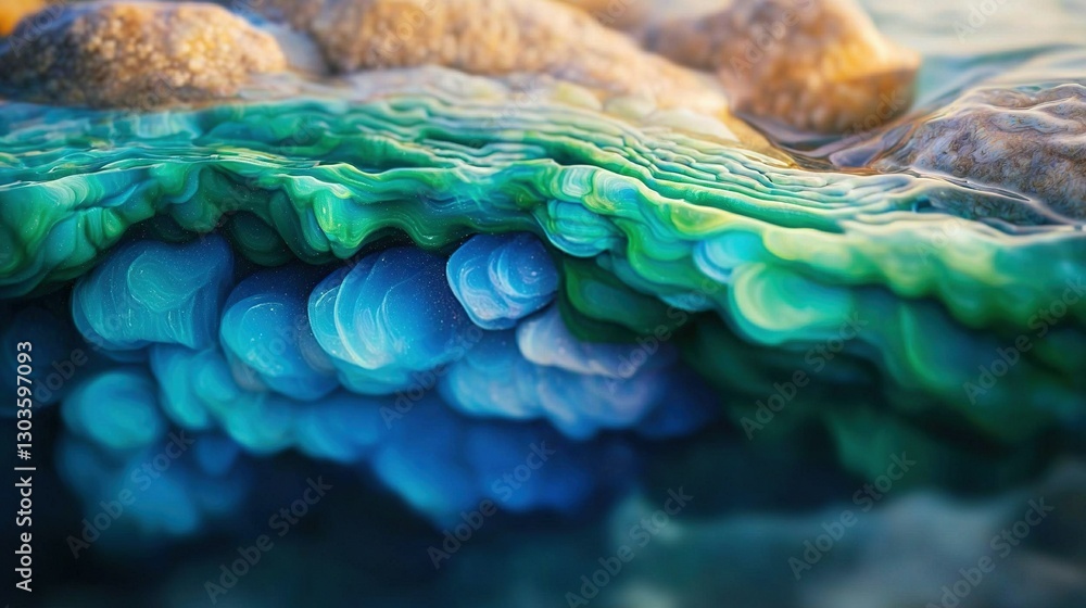 Poster a zoomed-in photo of a multicolored bird's feathers resting atop a rock submerged in water