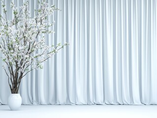 Elegant white curtains with a blossoming tree in a minimalist interior setting