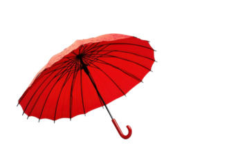 A lone red umbrella contrasts with a white background, invoking solitude in the rain isolated on transparent background