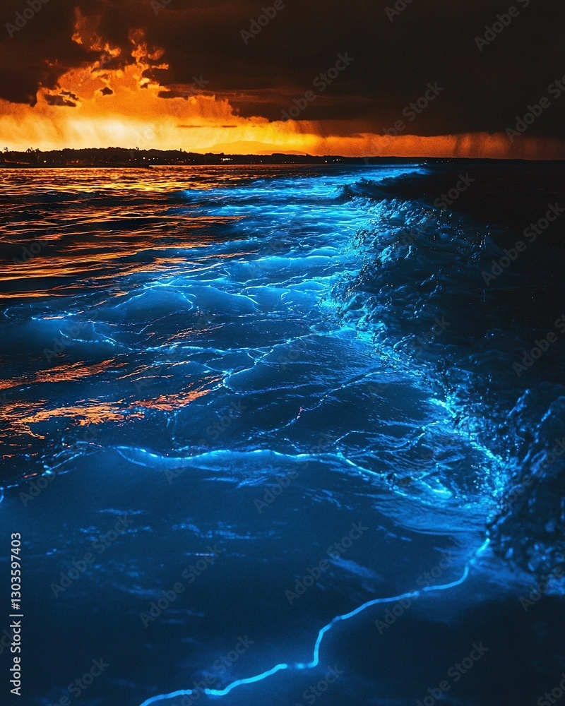 Poster a vast expanse of water with rolling waves in the foreground and a cloud-filled sky in the backgroun