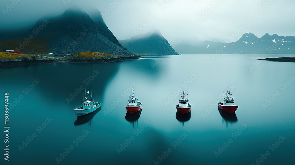Poster a fleet of vessels bobbing atop a expansive aquatic expanse adjacent to an emerald-draped hilltop ca