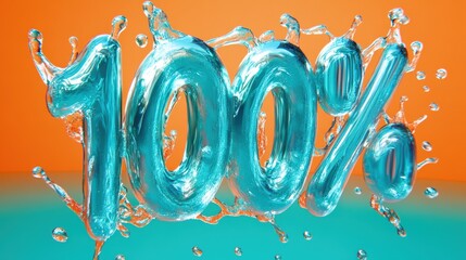 Transparent 100% sign with water splashes on colorful background