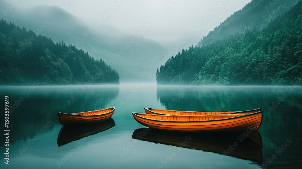 Poster a pair of boats float serenely on a tranquil lake surrounded by dense forest foliage and a hillside 