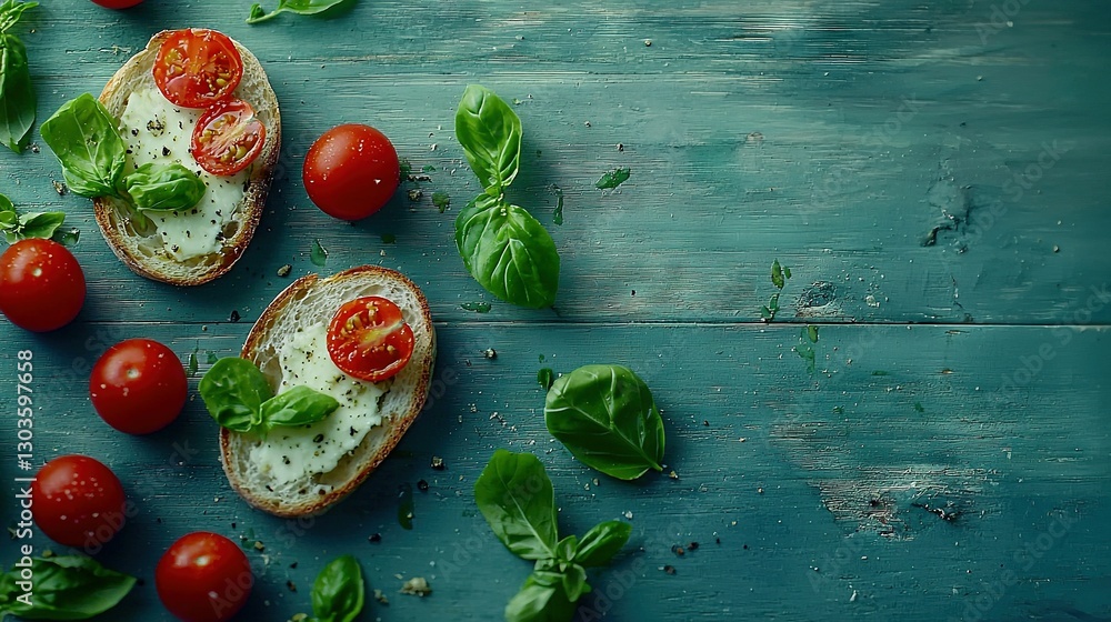 Poster a close-up photo of a sandwich featuring tomatoes and fresh basil placed on a blue table with additi