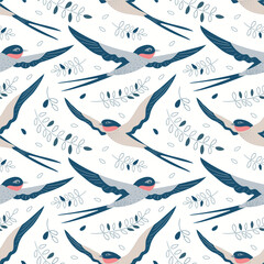 Seamless pattern with graceful swallows in flight and twigs with leaves. Gray, dark blue, coral, beige colors.
For textiles, fashion, wallpaper, wrapping paper, notebooks.