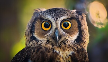 Obraz premium curious big yellow eyes of an australian powerful owl ninox strenua perched in a tree