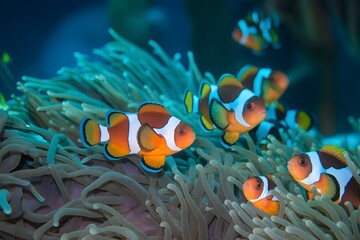 Ocellaris Clownfish (Nemo) Swimming in Sea Anemone on Tropical Coral Reef, Tropical Marine Life, Underwater Coral Reef Ecosystem, Nature Wildlife Background