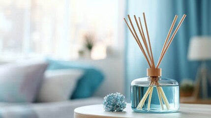 Fototapeta premium Liquid home fragrance in a diffuser with wooden sticks on table in bedroom
