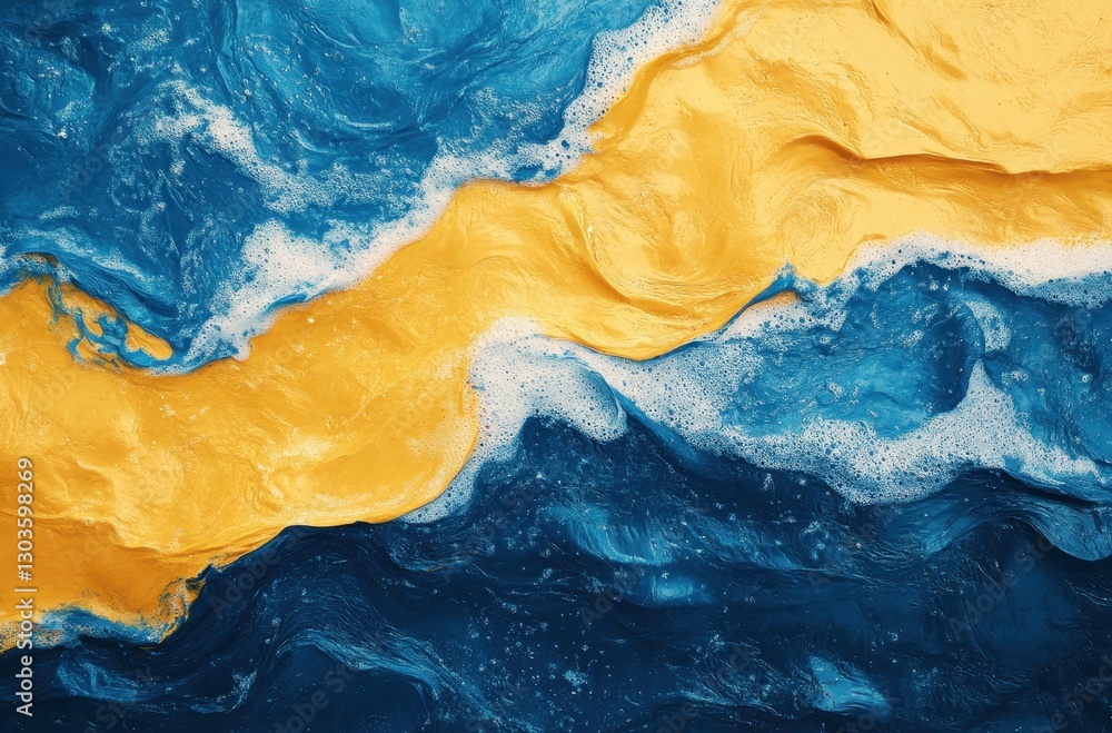 Poster vibrant abstract swirls of blue and yellow paint creating fluid patterns in a dynamic oceanic compos
