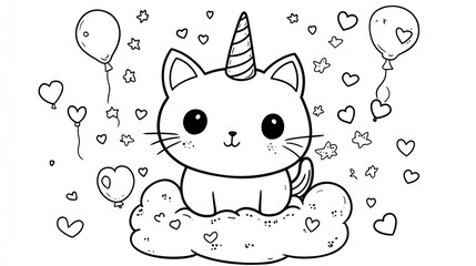 Naklejka premium Cute unicorn cat coloring page with clouds and balloons