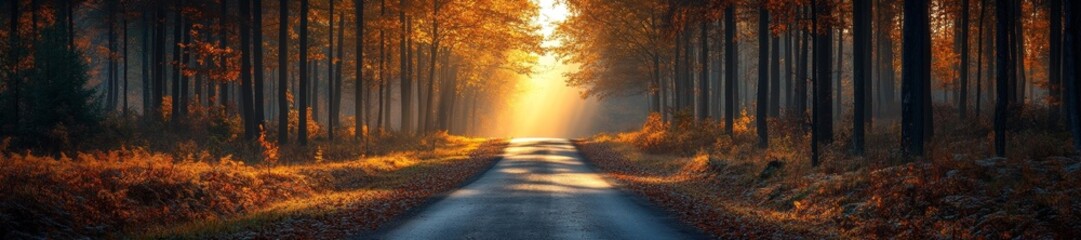 Obraz premium Beautiful Autumn Road with Sunlight Breaking Through Trees in the Forest. Generative AI