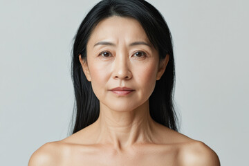 Middle-aged Asian woman, straight hair, many wrinkles on face, aged skin, pimples on forehead, realistic skin texture, wearing white strapless, good demeanor, light background