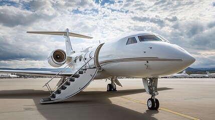 A close-up view of a private jet with extended stairs on the airport tarmac under a partly cloudy sky, emphasizing luxury and convenience in air travel