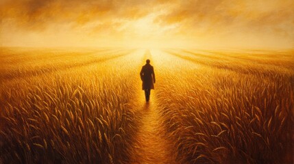 Fototapeta premium Person Walking Through Golden Field Under Dramatic Sky at Sunset