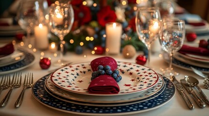 Chic patriotic table set for a holiday with stars and red napkins. Generative AI
