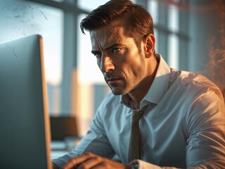 Focused adult executive, checking his mailbox online.