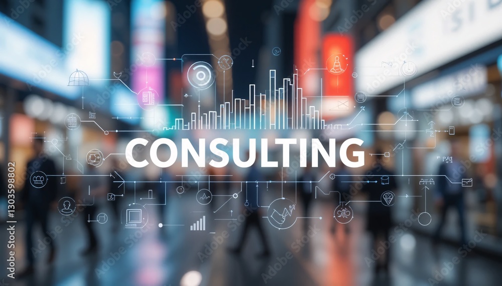 Poster consulting expertise visualized. digital icons highlight business. technology concepts in a vibrant 
