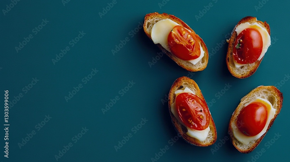 Poster three slices of bread with a tomato placed on top and one slice of bread with a tomato on top