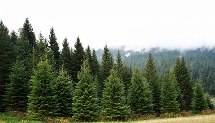 coniferous trees landscape dark green pine trees white sky nature background
