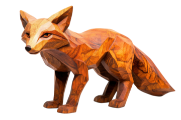 Artfully crafted wooden fox sculpture depicting nature's elegance and craftsmanship in fine detail isolated on transparent background