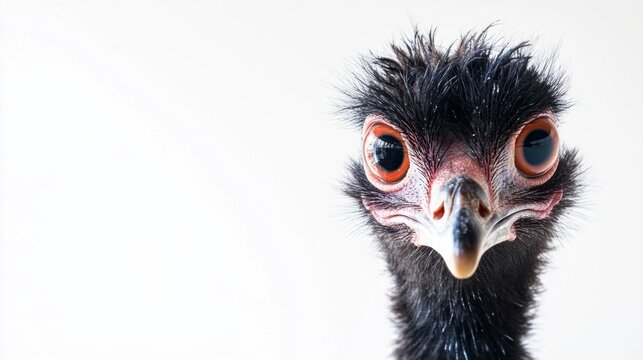 Close-up of an inquisitive ostrich staring directly at the viewer, isolated against a crisp white background, showcasing its detai