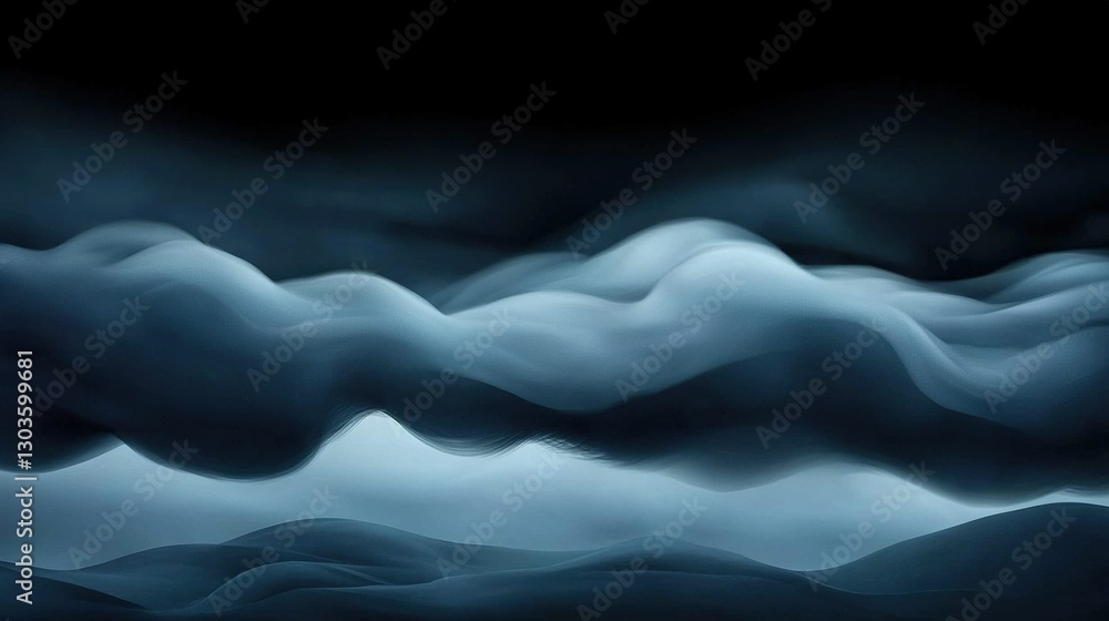 Poster a monochromatic image depicting a dark sky with clouds in both the foreground and background
