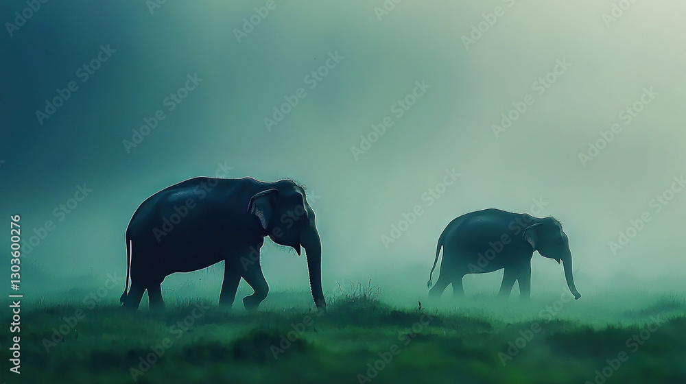 Poster elephants standing on green field during fog with tree background