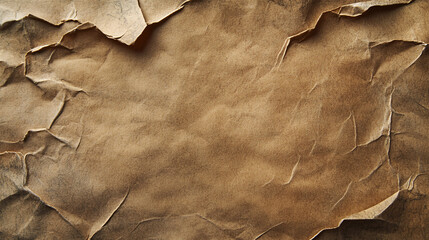 An aged brown paper sheet with wrinkled torn edges and deep creases giving a rustic vintage and handmade feel suitable for artistic backgrounds
