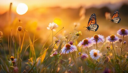 summer wild flowers and fly butterfly in a meadow at sunset macro image shallow depth of field abstract summer nature background
