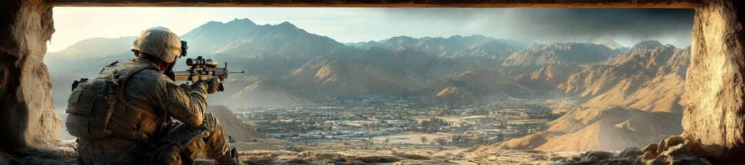 Naklejka premium A sniper positioned in a strategic location observing the terrain in a mountainous region ready for action. Generative AI