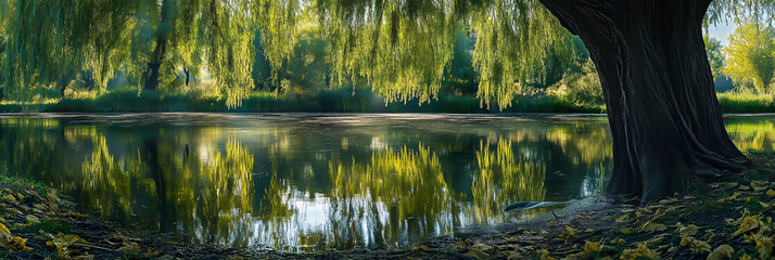Reflections of a weeping willow under the warm glow of sunlight