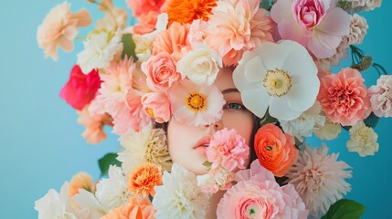 Woman surrounded by colorful flowers against a light blue background, face centered and beautiful