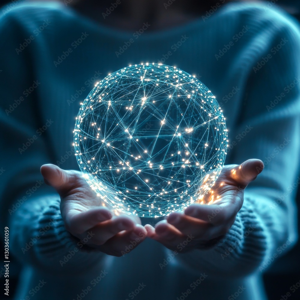 Poster a person holds a glowing sphere made of interconnected light points. this image embodies connectivit