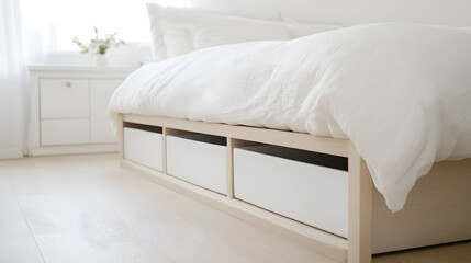 Bright bedroom with white linen bed. Built in under bed storage maximizes space in a minimalist modern design.