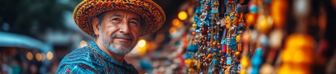 Naklejka premium Mexican street vendor selling handmade jewelry and accessories. Generative AI