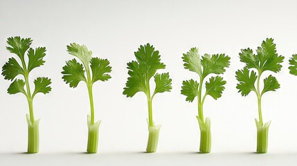 Obraz premium Celery stalks arranged in line on white background with connected stems
