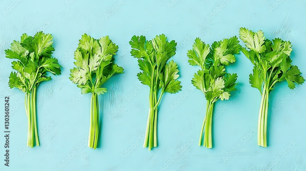 Poster   Four celery stalks arranged in a horizontal line on a blue background with the stems intact
