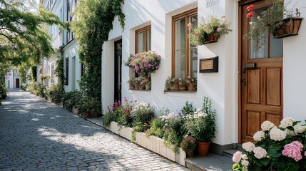 Fototapeta premium Charming cobblestone street adorned with vibrant flowers and welcoming doorways in a tranquil neighborhood setting. Generative AI