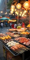 Naklejka premium Vibrant street food market offering an array of grilled delights at dusk in a bustling urban setting. Generative AI