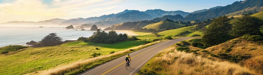 Fototapeta premium Cyclist Enjoying Scenic Ride on Coastal Highway Surrounded by Beautiful Landscape and Nature