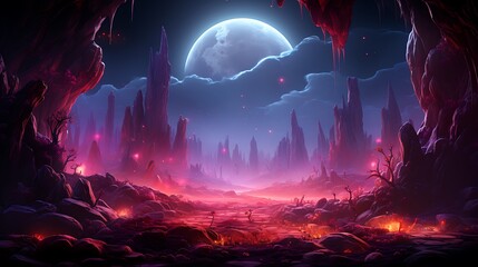 Fototapeta premium Ethereal Night: A Fantasy Landscape Under a Full Moon