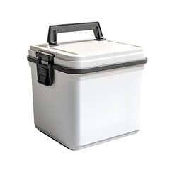 White plastic storage container with black handle and latches,