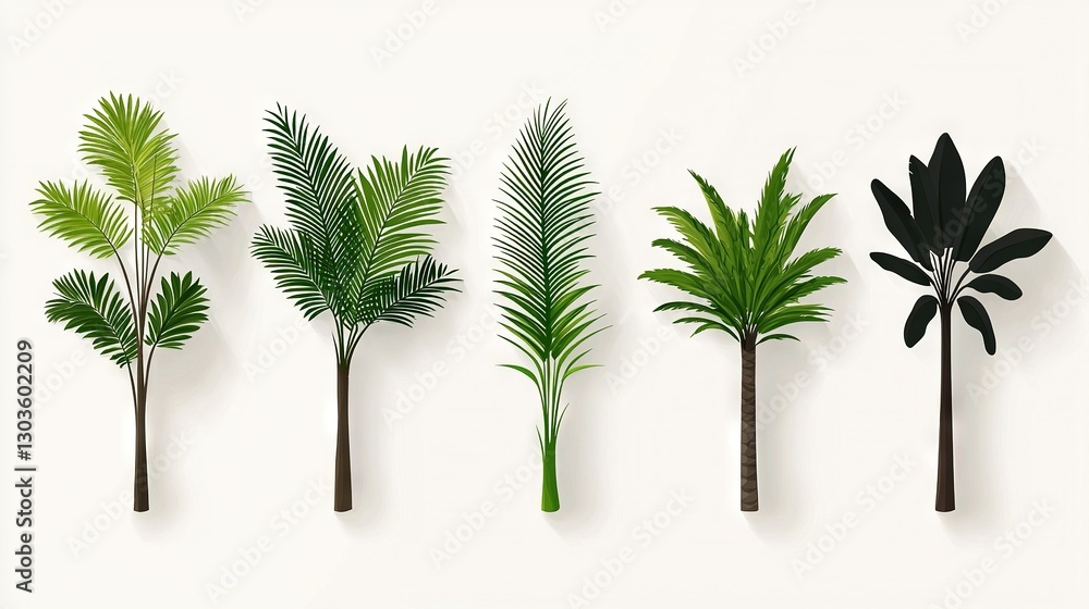 Poster palm tree row on white background with shadowed palm tree on left