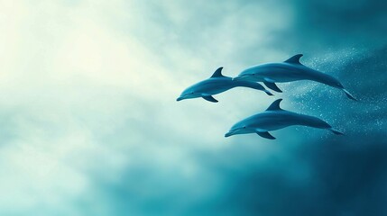 Obraz premium In the image, three dolphins swim in the ocean with a cloudy background It depicts two dolphins swimming in the ocean