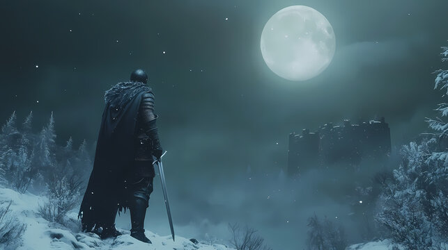 A brave knight stands in a snow-covered landscape, sword drawn, ready to defend his castle under a full moon. Dreamscape - Forest. Illustration