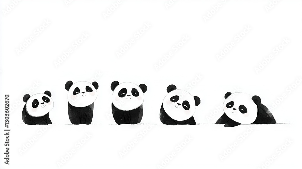 Poster a group of pandas sitting together on a white background with black-and-white images of them