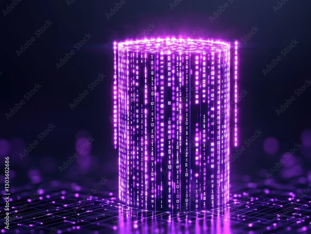 Poster futuristic cylindrical structure illuminated by purple binary code in a digital landscape
