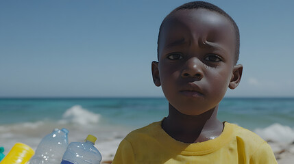 A child stands on a polluted beach, a somber reminder of environmental issues and the impact on future generations, as oceans fill with plastic waste.