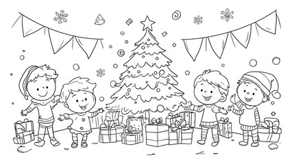 Kids Celebrating Christmas Tree, Gift Giving, Festive Scene