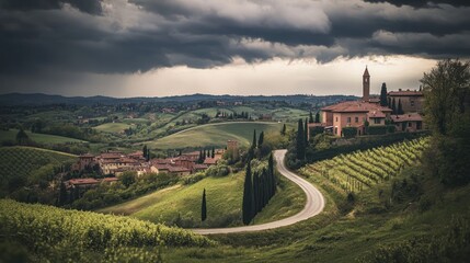 Obraz premium Tuscan Countryside Under Dramatic Sky: Rolling Hills, Vineyards, and a Charming Village
